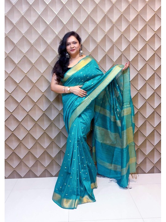 GREEN WITH GOLDEN BUTA LINEN SAREE